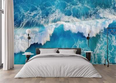 aerial top view background photo of ocean sea water white wave splashing in the deep sea Wall mural