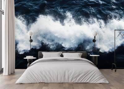 aerial top view background photo of ocean sea water white wave splashing in the deep sea Wall mural