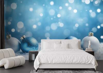 blue christmas background with snowflakes and christmas balls. Copy space backgrounds Wall mural