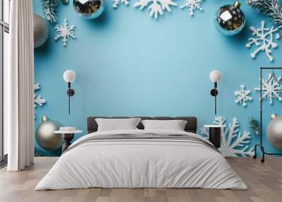 blue christmas background with snowflakes and christmas balls. Copy space backgrounds Wall mural