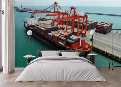 Container ship carrying container boxes import export dock with quay crane Wall mural