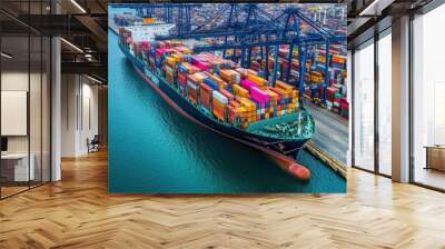 Container ship carrying container boxes import export dock with quay crane Wall mural