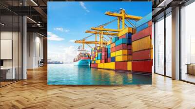 Container ship carrying container boxes import export dock with quay crane Wall mural