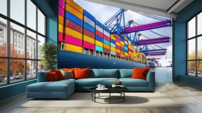 Container ship carrying container boxes import export dock with quay crane Wall mural