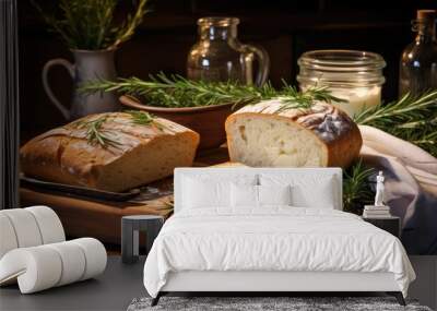 Freshly baked loaf of bread with a sprig of rosemary on a wooden cutting board Wall mural