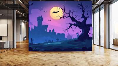 Graveyard cemetery to castle In Spooky scary dark Night full moon and bats on dead tree Wall mural