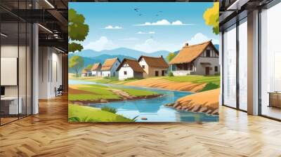 Simple village view with daytime background, Ai generated Wall mural