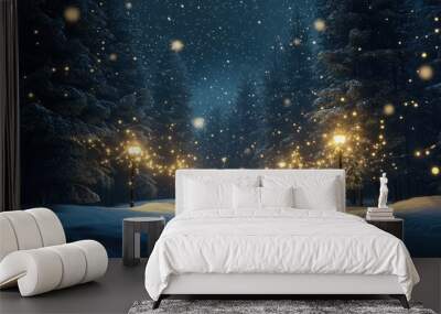 snow falling at night in a snowy dark forest with lights and stars Wall mural