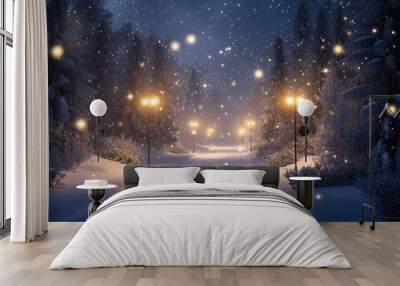 snow falling at night in a snowy dark forest with lights and stars Wall mural