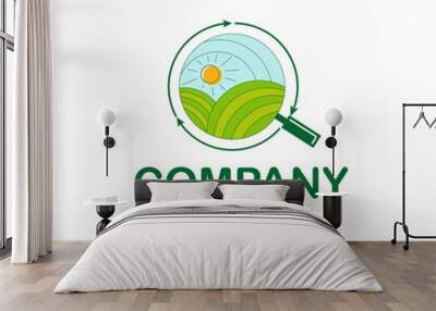 Magnifying glass logo design, farmland circle arrow Rural landscape vector design. farm illustration Wall mural