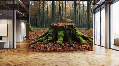 Mossy Tree Stump in Autumn Forest Wall mural