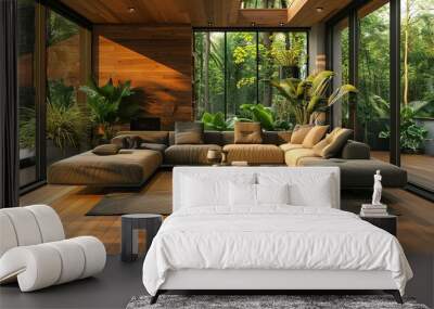 A spacious modern living room, with sleek furniture and green plants accentuating the luxury, large windows casting soft light on the wooden floor Wall mural