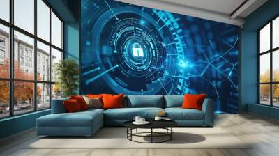 Abstract Digital Security Concept with Padlock Symbol in Blue Interface Wall mural