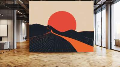 Abstract Landscape with Red Sun and Wavy Lines Wall mural