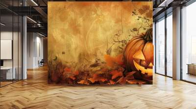 Carved Jack-o'-Lantern with Autumn Leaves and Vines on a Rustic Background Wall mural