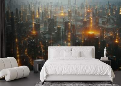 Futuristic Cityscape with Glowing Towers and Networked Lights Wall mural