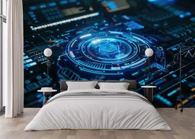 Futuristic Interface with Glowing Blue Circular Display and Data Wall mural