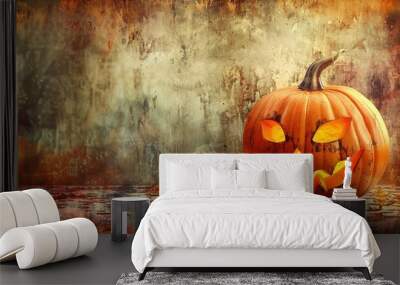 Glowing Jack-o'-lantern on Rustic Wooden Surface with Autumn Leaves Wall mural