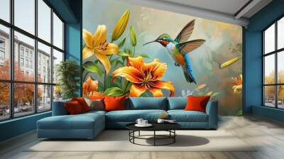 Hummingbird Hovering Beside Lilies: Panoramic Perspective Wall mural