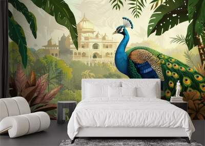 Illustration for Wallpaper: Traditional Mughal Forest Garden with Peacock and Palace Wall mural