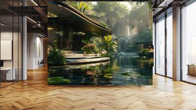 Modern Architectural Villa with a Waterfall and Pond in a Tropical Jungle Wall mural