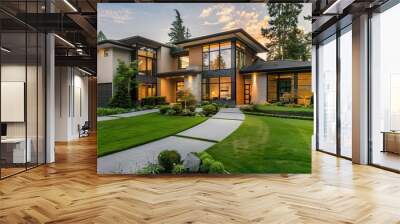 Modern House with a Stone Path and Lush Greenery Wall mural