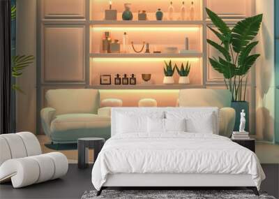 Modern Living Room Interior with Two Armchairs, a Coffee Table, and a Shelving Unit Wall mural