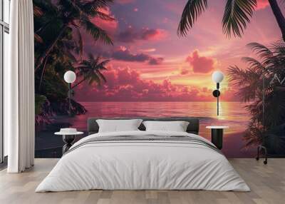 Pink Sunset Over a Tropical Beach with Palm Trees Wall mural