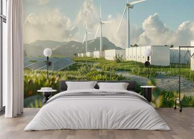 Sustainable Energy Facility with Wind Turbines and Solar Panels Wall mural