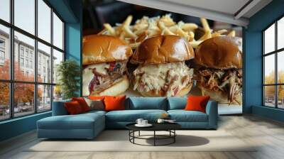 Three Gourmet Mini Burgers with Pulled Pork and Creamy Sauce Wall mural