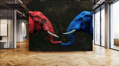 Two Elephants Covered in Red and Blue Paint Facing Each Other Wall mural