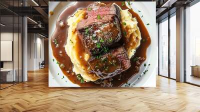 Two Slices of Steak with Mashed Potatoes and Gravy on a White Plate Wall mural