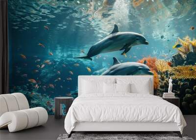 Underwater View: Two Dolphins Swimming Amidst Coral Reef, Fish, and Sea Plants Wall mural