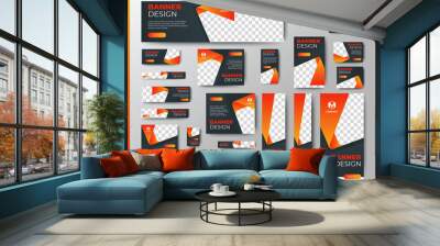 Professional business web ad banner template with photo place. Modern layout black background and orange shape and text design Wall mural