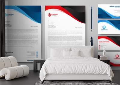 Professional creative letterhead and business card template. Modern a4 Business Letterhead Design. Red and Blue. Corporate business card branding identity. Vector Wall mural