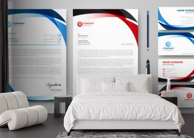 Professional creative letterhead and business card template. Modern a4 Business Letterhead Design. Red and Blue. Corporate business card branding identity. Vector Wall mural