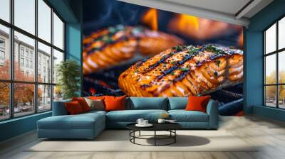 Salmon Fillets Grilling Over Charcoal Flames Wall mural