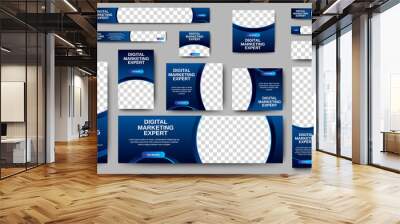 Set of business banner templates with blue background. Modern technology design, abstract background layout with photos. Editable Vector collection corporate banner. Wall mural