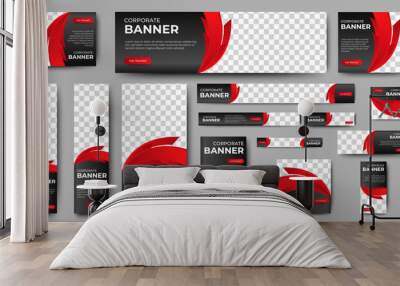 set of creative web banners of standard size with a place for photos. Gradient black and red. Business ad banner. Vertical, horizontal and square template.	 Wall mural