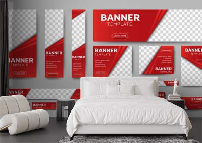 set of creative web banners of standard size with a place for photos. Gradient red. Business ad banner. Vertical, horizontal and square template. Wall mural