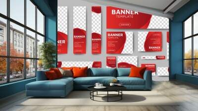 set of creative web banners of standard size with a place for photos. Gradient red. Business ad banner. Vertical, horizontal and square template. Wall mural