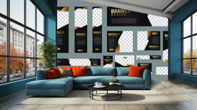 set of luxury banners in standard size with a place for photos. Vertical, horizontal and square template with golden line and black color. vector illustration EPS 10 Wall mural