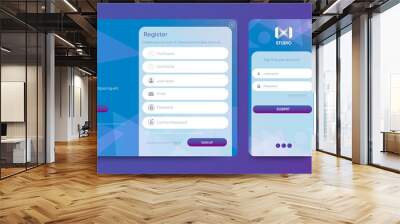 Set of Sign Up and Sign In forms. Blue gradient background with modern logo. Registration and login forms page. Professional web design, full set of elements. User-friendly design materials. Wall mural