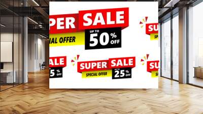 Special offer 50%, 15%, 25%, 35%, 45% banner set , hot sale, big sale, super sale, sale banner vector. red, black and yellow vector banner template. . Wall mural