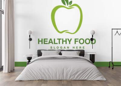 Stylized illustration line green apple fruit logo healthy food, symbol, icon, template, fruit healthy food Wall mural