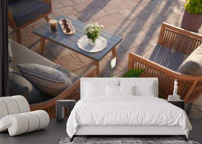 close up,wood sofa and table made of metal and wood in the yard and garden on the garden tiles
 Wall mural