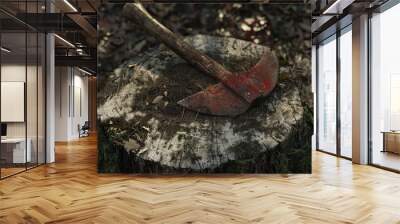 The ax was stuck in the center of the stump and deliberately left there as a marker or tool for further felling The handle of the ax is long and the blade of the ax is painted red Wall mural