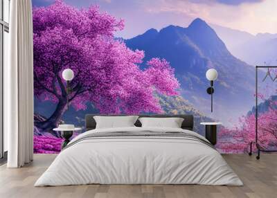 Tranquil Lake Scene with Pink Cherry Blossoms Wall mural