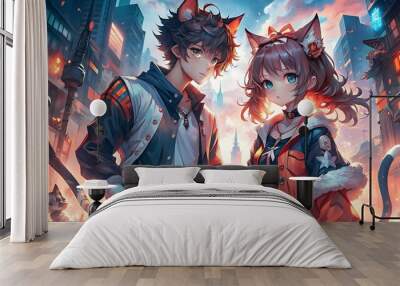 two person anime with cat style and clothing Wall mural