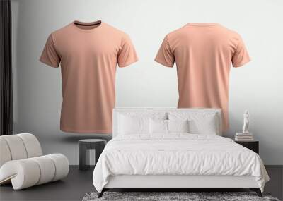 Front and back view mockup of a plain pastel pink tshirt on a white background, displayed side by side, smooth texture, realistic shadow effects, minimalistic design, sharp edges Wall mural